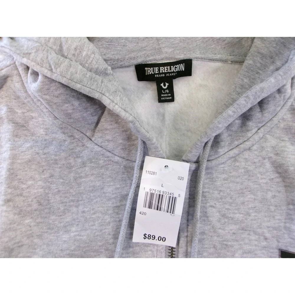 True Religion Mens‎ Large Zip Up Hoodie Gray Terry Applique Horseshoe Logo